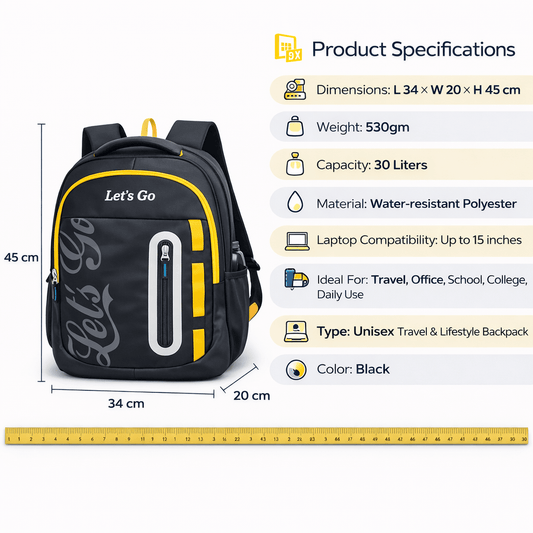 Letās Go 30L Premium Unisex Travel & Lifestyle Backpack ā Lightweight, Water - Resistant, Multi - Compartment Bag - Let's Go