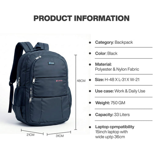 Let’s Go® 33L Unisex Travel & Laptop Backpack | Water - Resistant, Premium, Lightweight - Let's Go