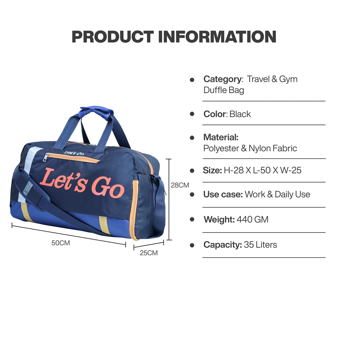 Let’s Go® 35L Travel & Gym Sports Duffel Bag, Water-Resistant, Premium, Multipurpose