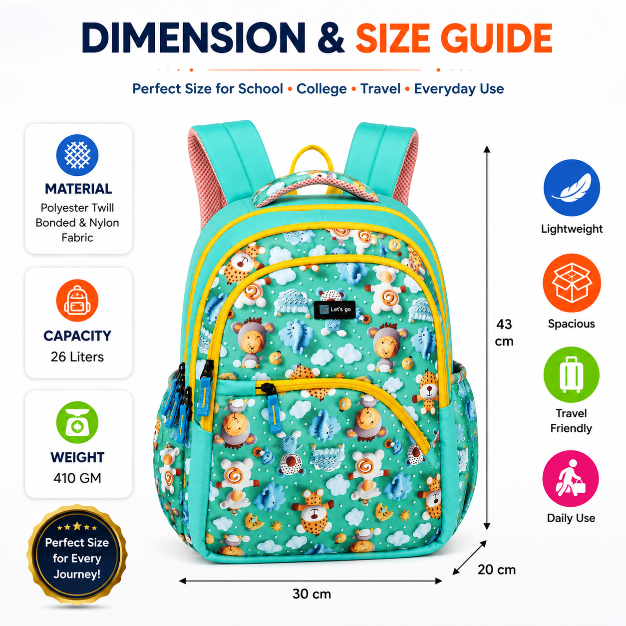 Let’s Go Stylish Printed Backpack for Girls | School, College, Travel & Daily Use Lightweight Backpack