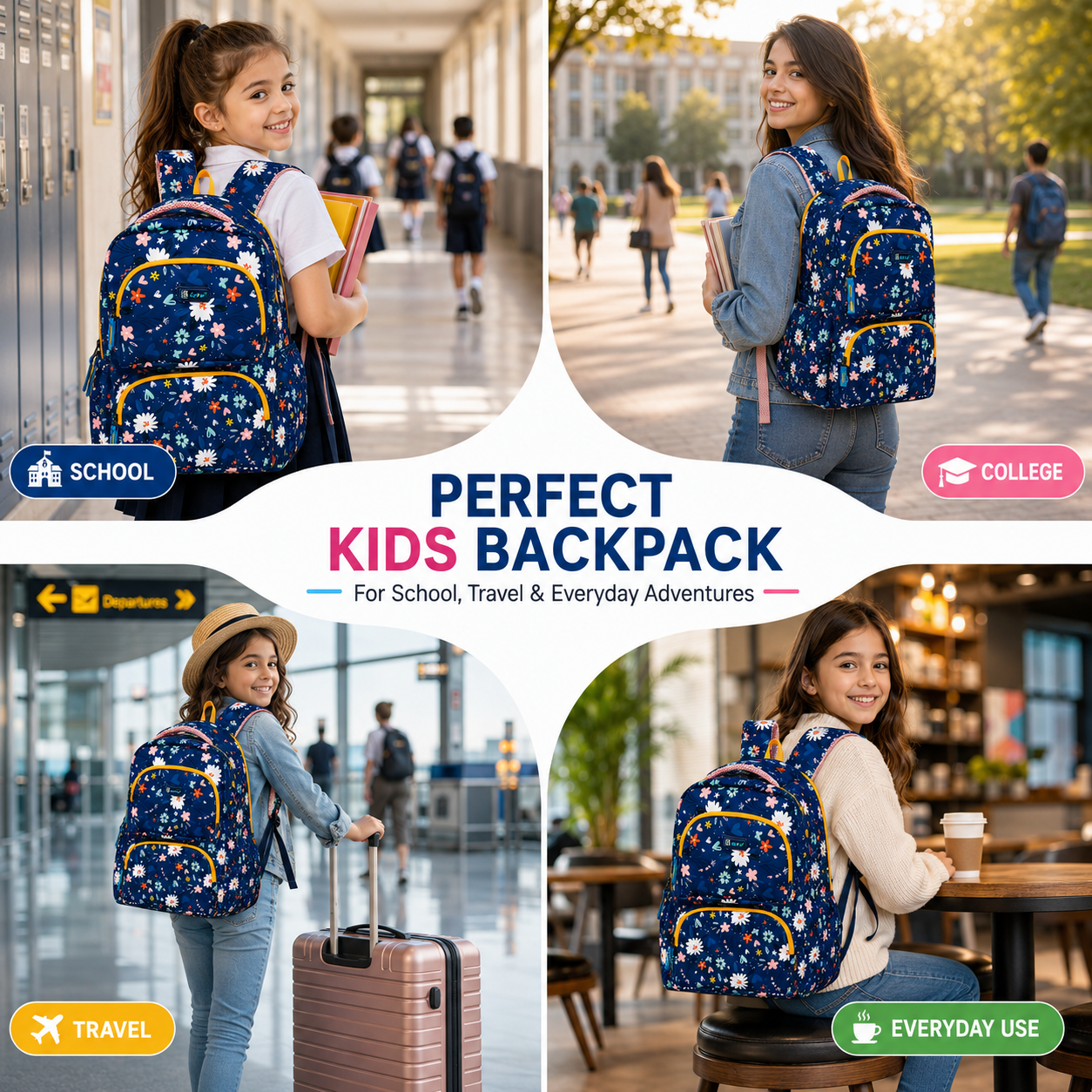 Let’s Go Floral Kids School Backpack for Girls & Boys | Lightweight 18L Backpack for School, Travel & Everyday Use