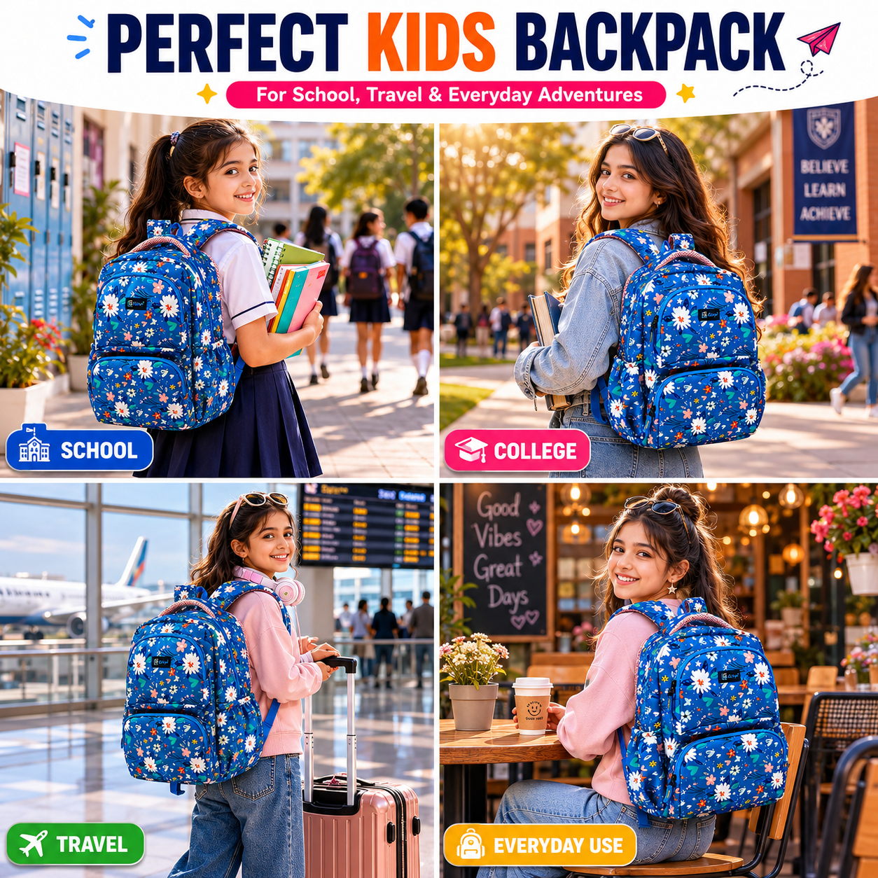 Let’s Go Floral Kids School Backpack for Girls & Boys | Lightweight 18L Backpack for School, Travel & Everyday Use