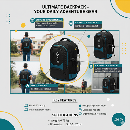 30L Laptop Backpack for Travel, Office & College – 15.6″ Laptop Compartment - Let's Go