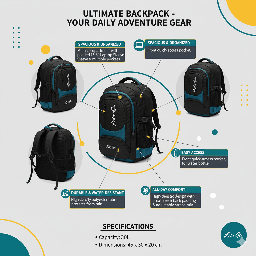 30L Laptop Backpack for Travel, Office & College – 15.6″ Laptop Compartment - Let's Go