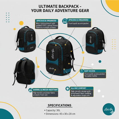 30L Laptop Backpack for Travel, Office & College – 15.6″ Laptop Compartment - Let's Go