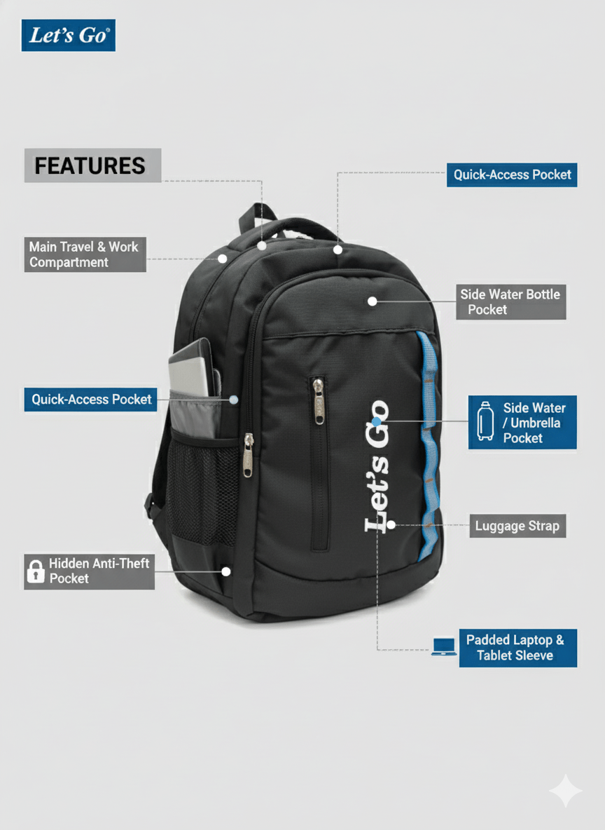 33L Laptop Backpack for Travel, Office & College (Blue/Black) - Let's Go