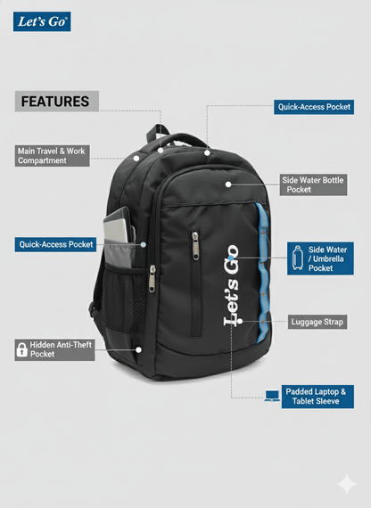 33L Laptop Backpack for Travel, Office & College (Blue/Black) - Let's Go