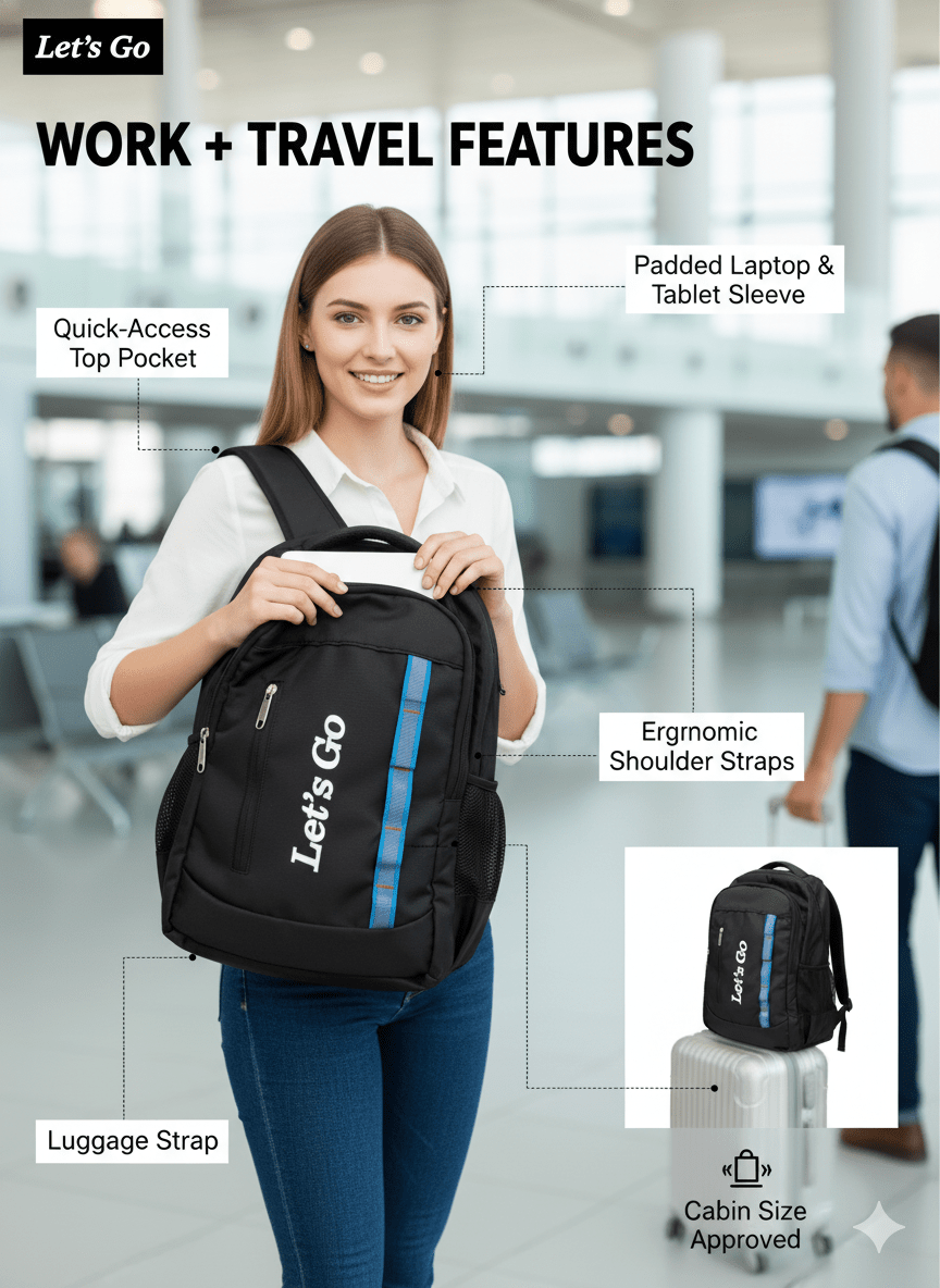 33L Laptop Backpack for Travel, Office & College (Blue/Black) - Let's Go