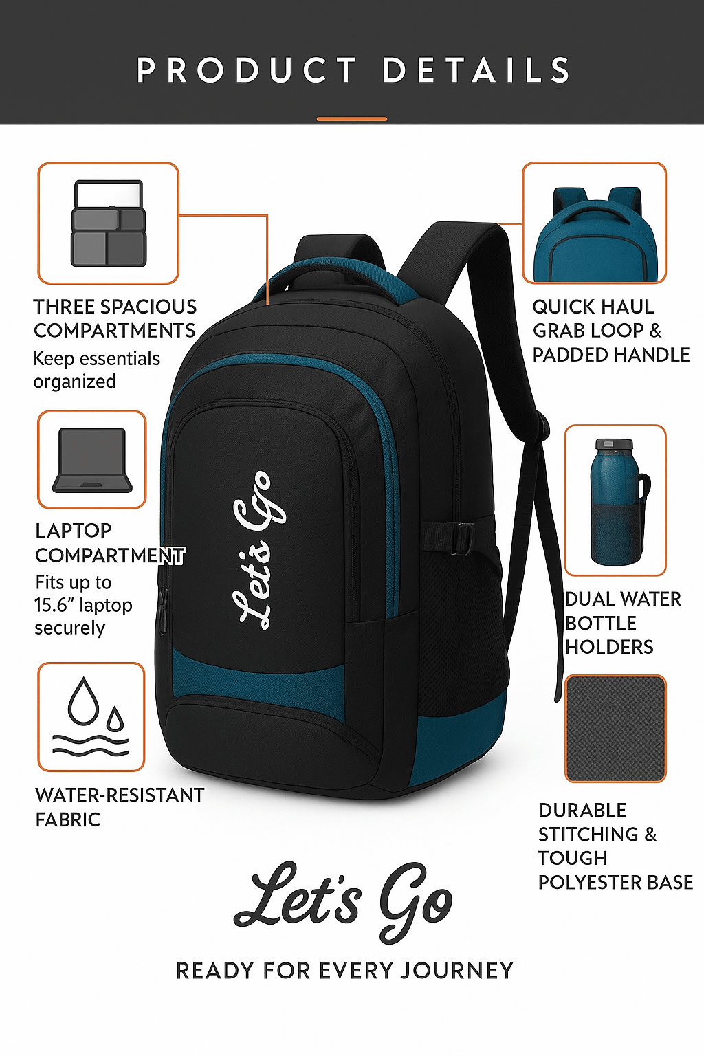 35L Laptop Backpack for Travel, Office & College – 15.6″ Laptop Compartment, Multi - Pocket Design (Black & Teal) - Let's Go