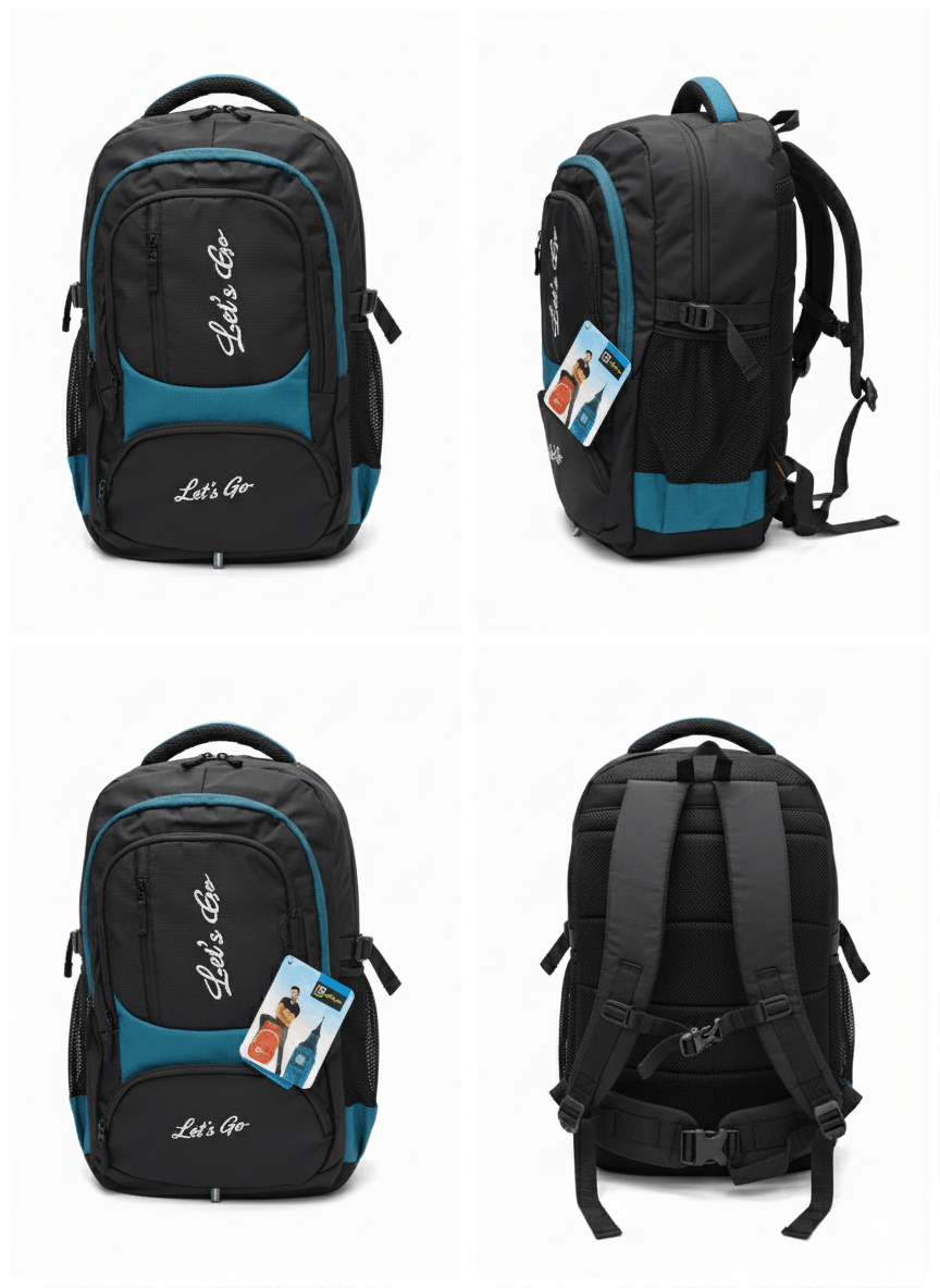 35L Laptop Backpack for Travel, Office & College – 15.6″ Laptop Compartment, Multi - Pocket Design (Black & Teal) - Let's Go