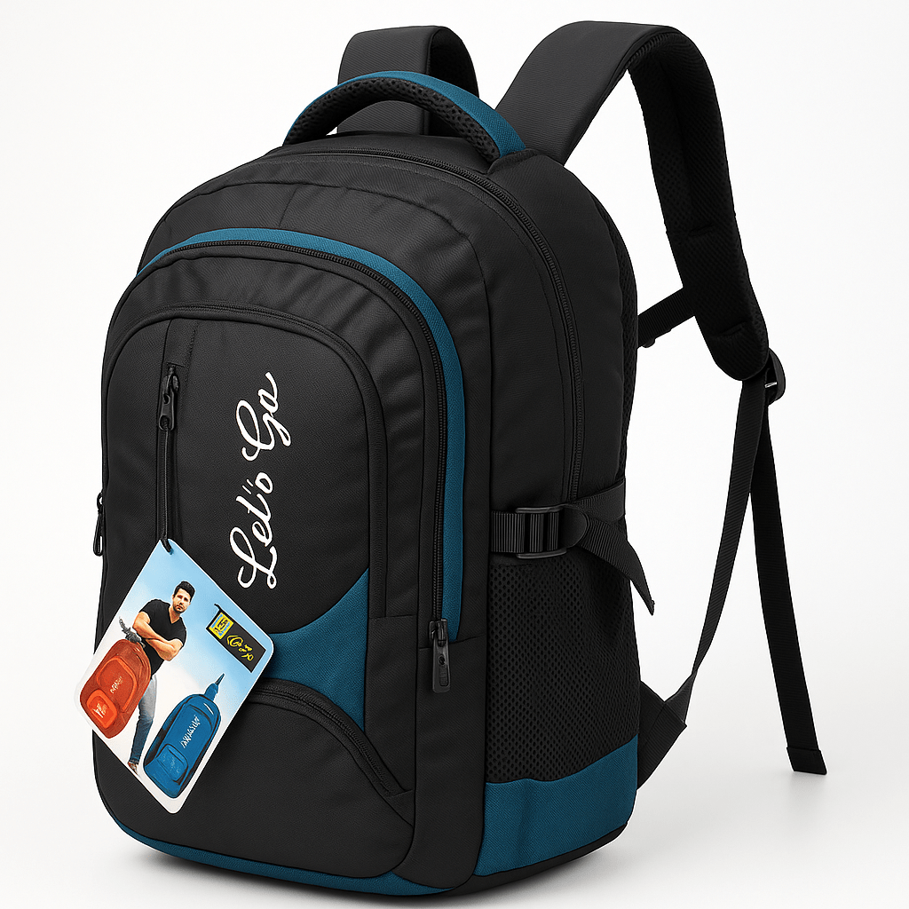 35L Laptop Backpack for Travel, Office & College – 15.6″ Laptop Compartment, Multi - Pocket Design (Black & Teal) - Let's Go
