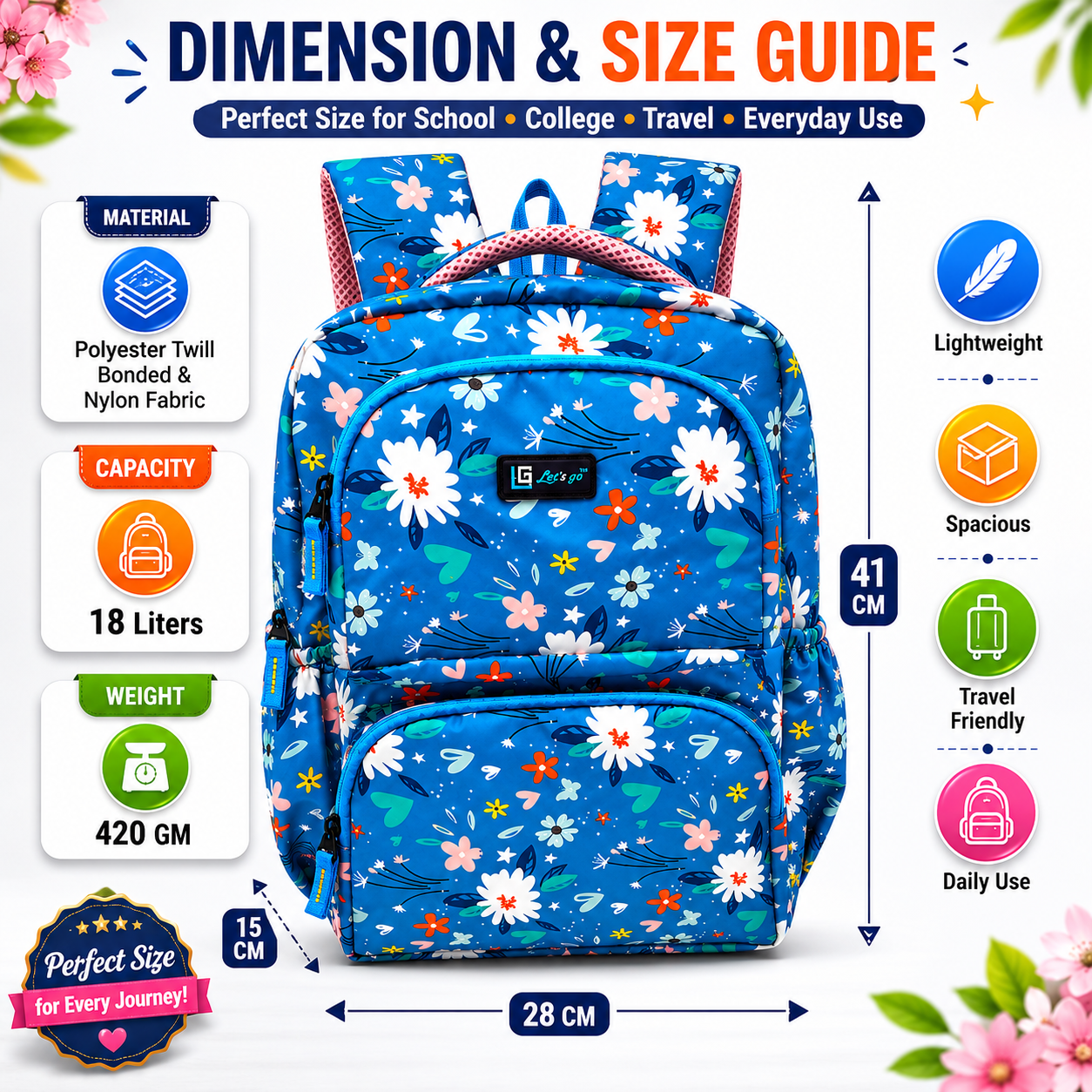 Let’s Go Floral Kids School Backpack for Girls & Boys | Lightweight 18L Backpack for School, Travel & Everyday Use