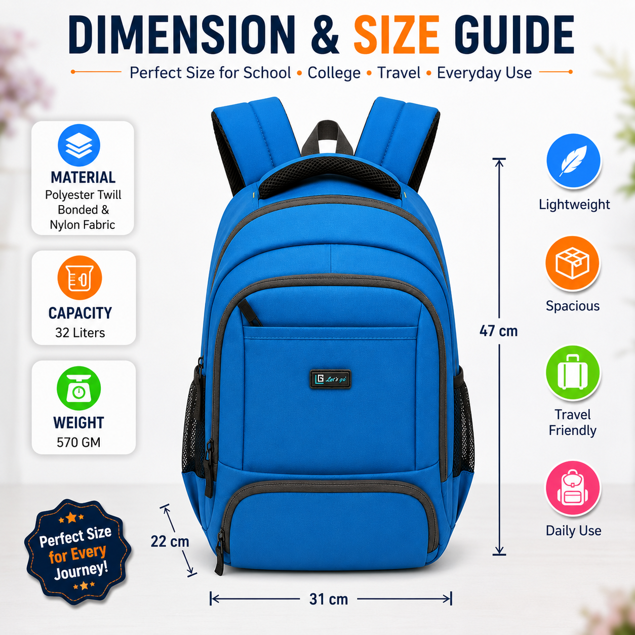 Let's Go® 32L Premium Laptop Backpack for Men & Women |Travel Backpack | Office, College, School & Daily Use | Fits Up to 15.6 Inch Laptop | Lightweight Blue Backpack