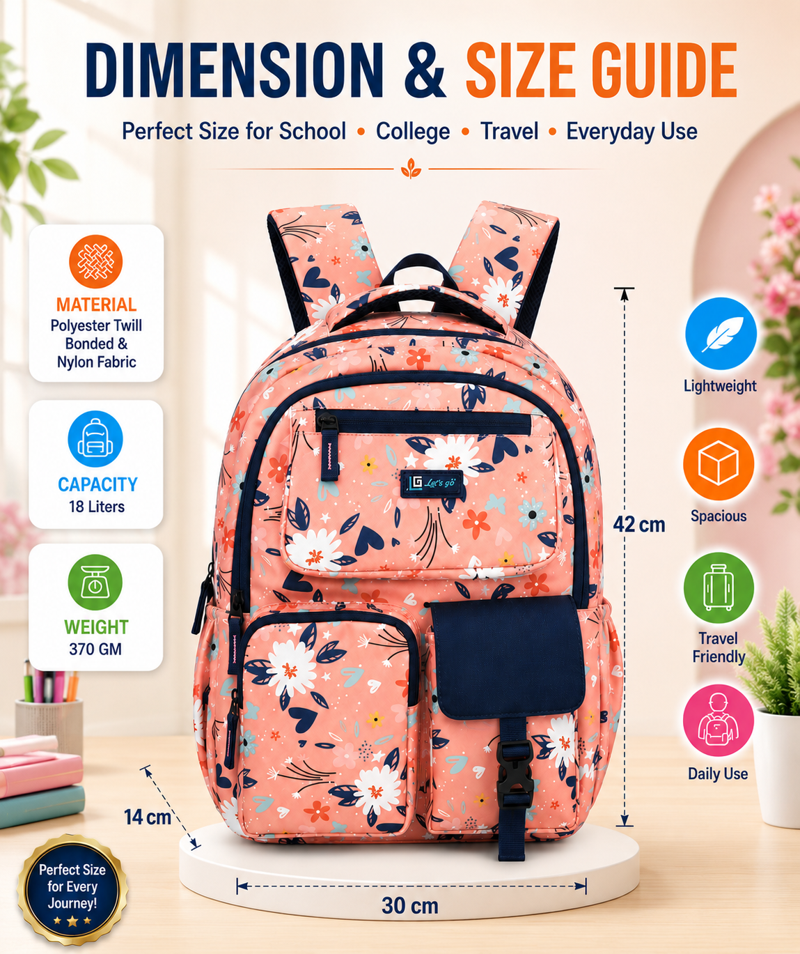 Let’s Go Floral Printed Backpack for Girls | School, College & Travel Bag