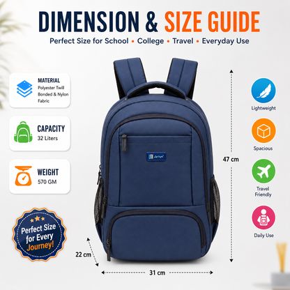 Let's Go® 32L Premium Laptop Backpack for Men & Women |Travel Backpack | Office, College, School & Daily Use | Fits Up to 15.6 Inch Laptop | Lightweight Blue Backpack