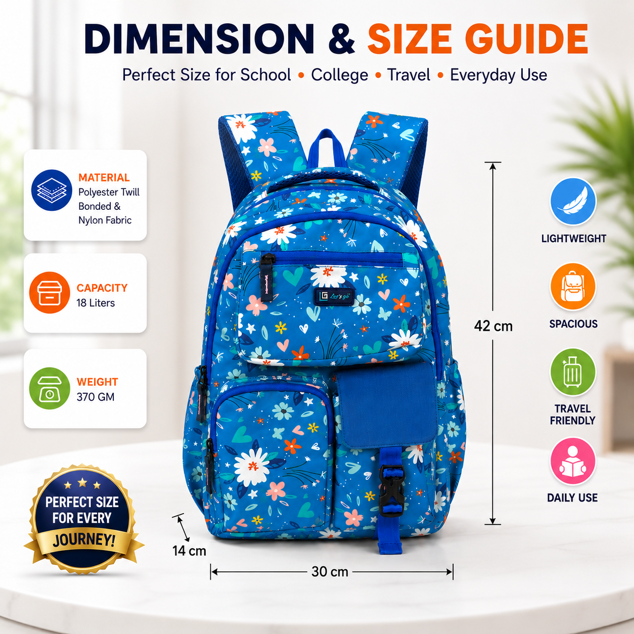 Let’s Go Floral Printed Backpack for Girls | School, College & Travel Bag