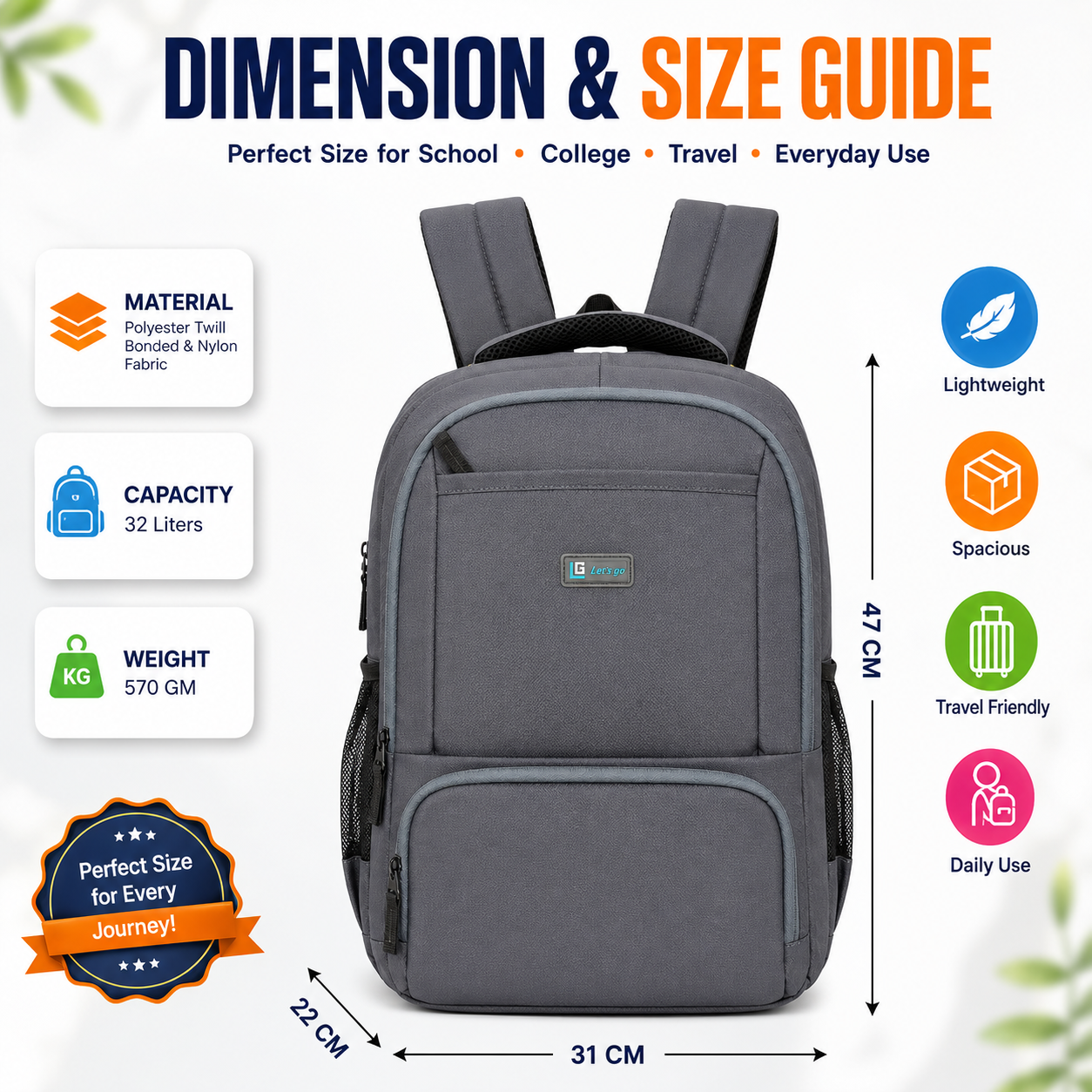 Let's Go® 32L Premium Laptop Backpack for Men & Women |Travel Backpack | Office, College, School & Daily Use | Fits Up to 15.6 Inch Laptop | Lightweight Blue Backpack