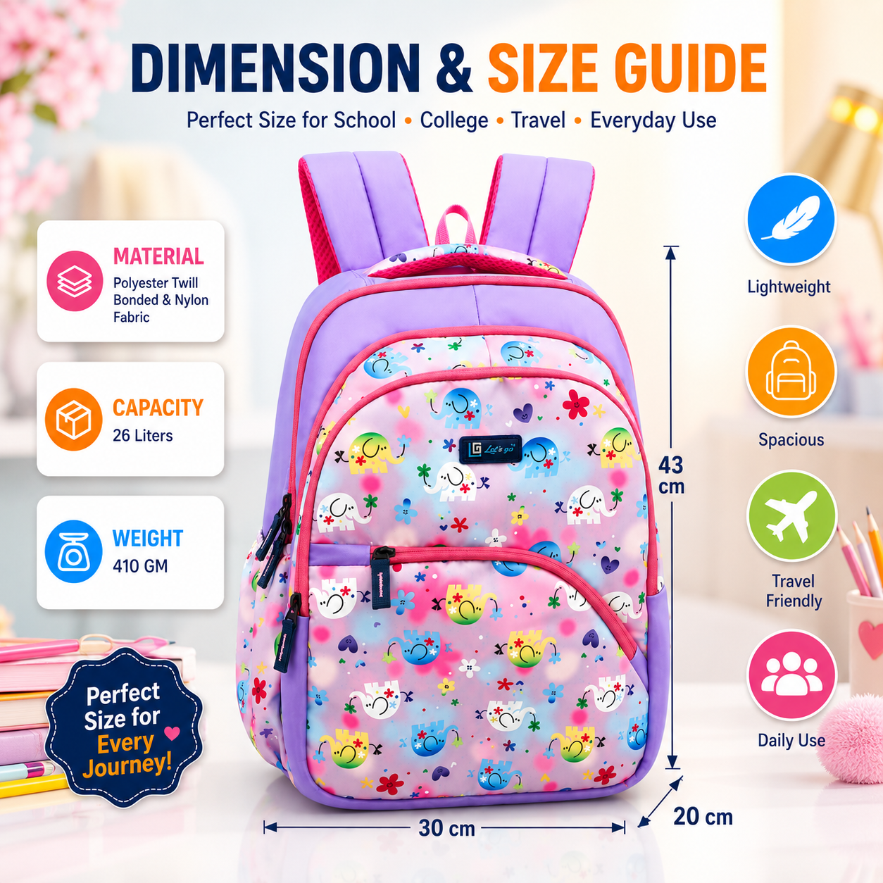 Let’s Go Stylish Printed Backpack for Girls | School, College, Travel & Daily Use Lightweight Backpack