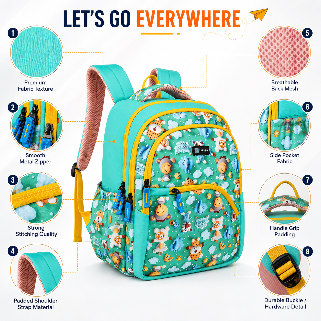Let’s Go Stylish Printed Backpack for Girls | School, College, Travel & Daily Use Lightweight Backpack