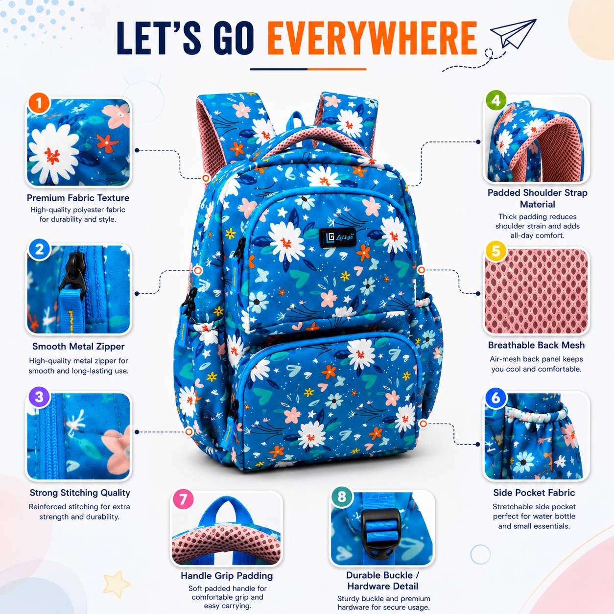 Let’s Go Floral Kids School Backpack for Girls & Boys | Lightweight 18L Backpack for School, Travel & Everyday Use