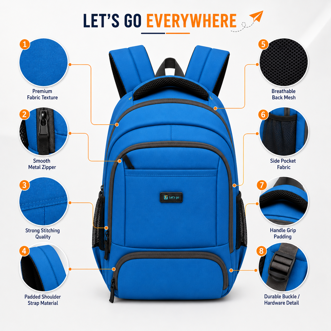 Let's Go® 32L Premium Laptop Backpack for Men & Women |Travel Backpack | Office, College, School & Daily Use | Fits Up to 15.6 Inch Laptop | Lightweight Blue Backpack