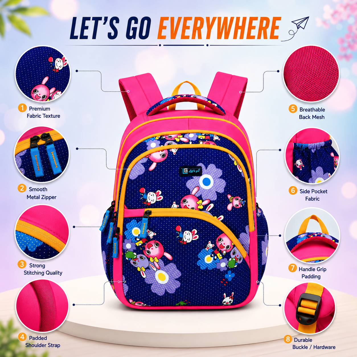 Let’s Go Stylish Printed Backpack for Girls | School, College, Travel & Daily Use Lightweight Backpack