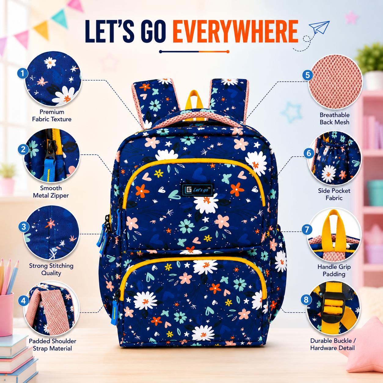 Let’s Go Floral Kids School Backpack for Girls & Boys | Lightweight 18L Backpack for School, Travel & Everyday Use