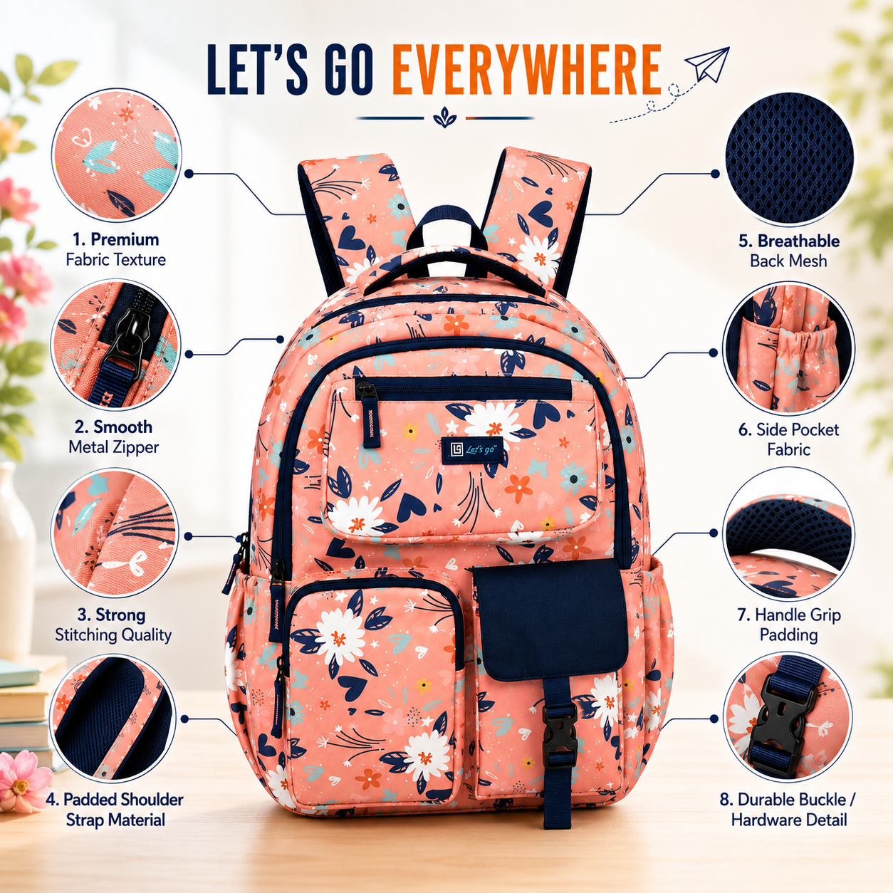 Let’s Go Floral Printed Backpack for Girls | School, College & Travel Bag