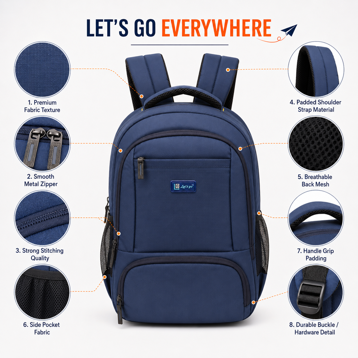 Let's Go® 32L Premium Laptop Backpack for Men & Women |Travel Backpack | Office, College, School & Daily Use | Fits Up to 15.6 Inch Laptop | Lightweight Blue Backpack