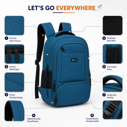 Let's Go® 32L Premium Laptop Backpack for Men & Women |Travel Backpack | Office, College, School & Daily Use | Fits Up to 15.6 Inch Laptop | Lightweight Blue Backpack