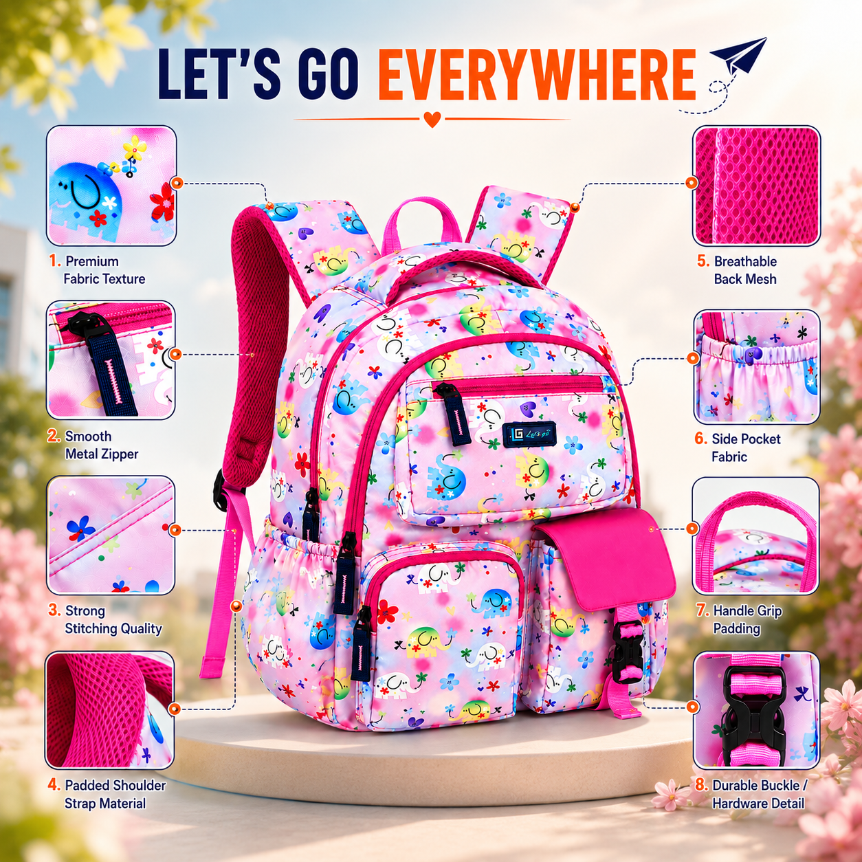 Let’s Go Floral Printed Backpack for Girls | School, College & Travel Bag