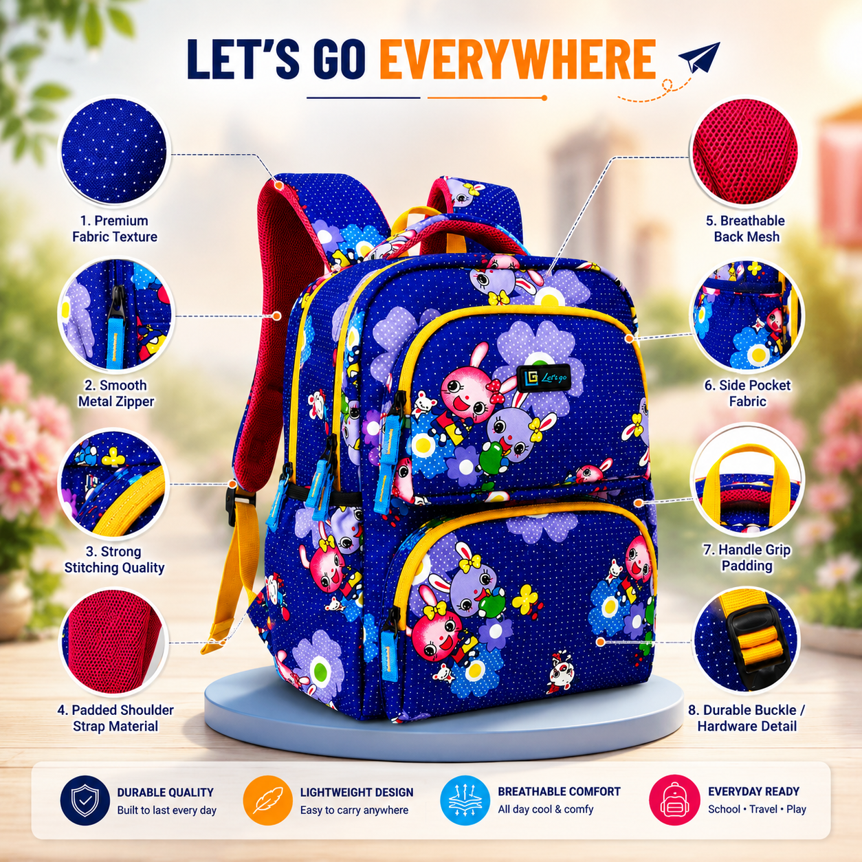 Let’s Go Floral Kids School Backpack for Girls & Boys | Lightweight 18L Backpack for School, Travel & Everyday Use