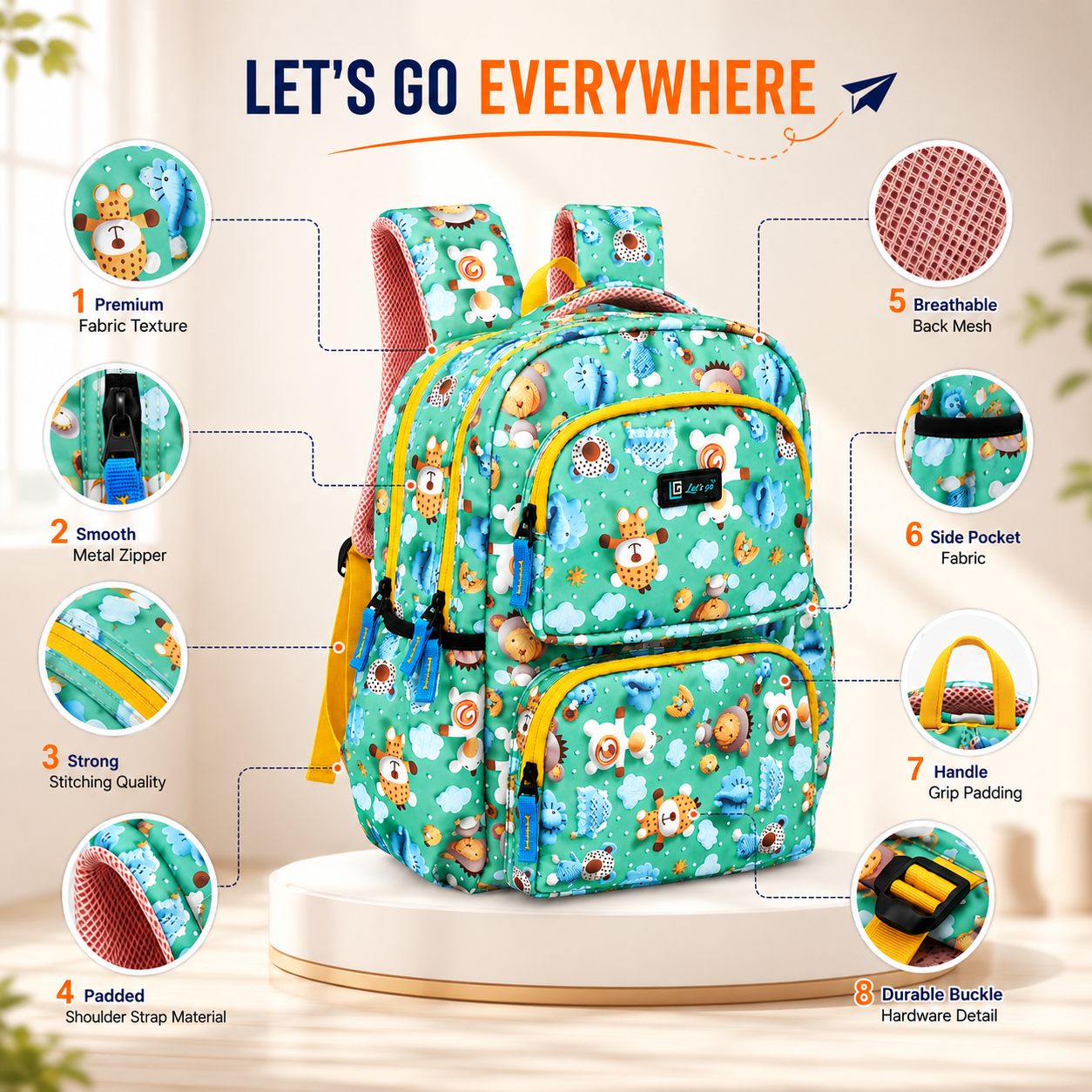 Let’s Go Floral Kids School Backpack for Girls & Boys | Lightweight 18L Backpack for School, Travel & Everyday Use