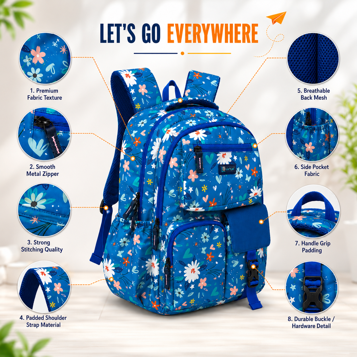 Let’s Go Floral Printed Backpack for Girls | School, College & Travel Bag