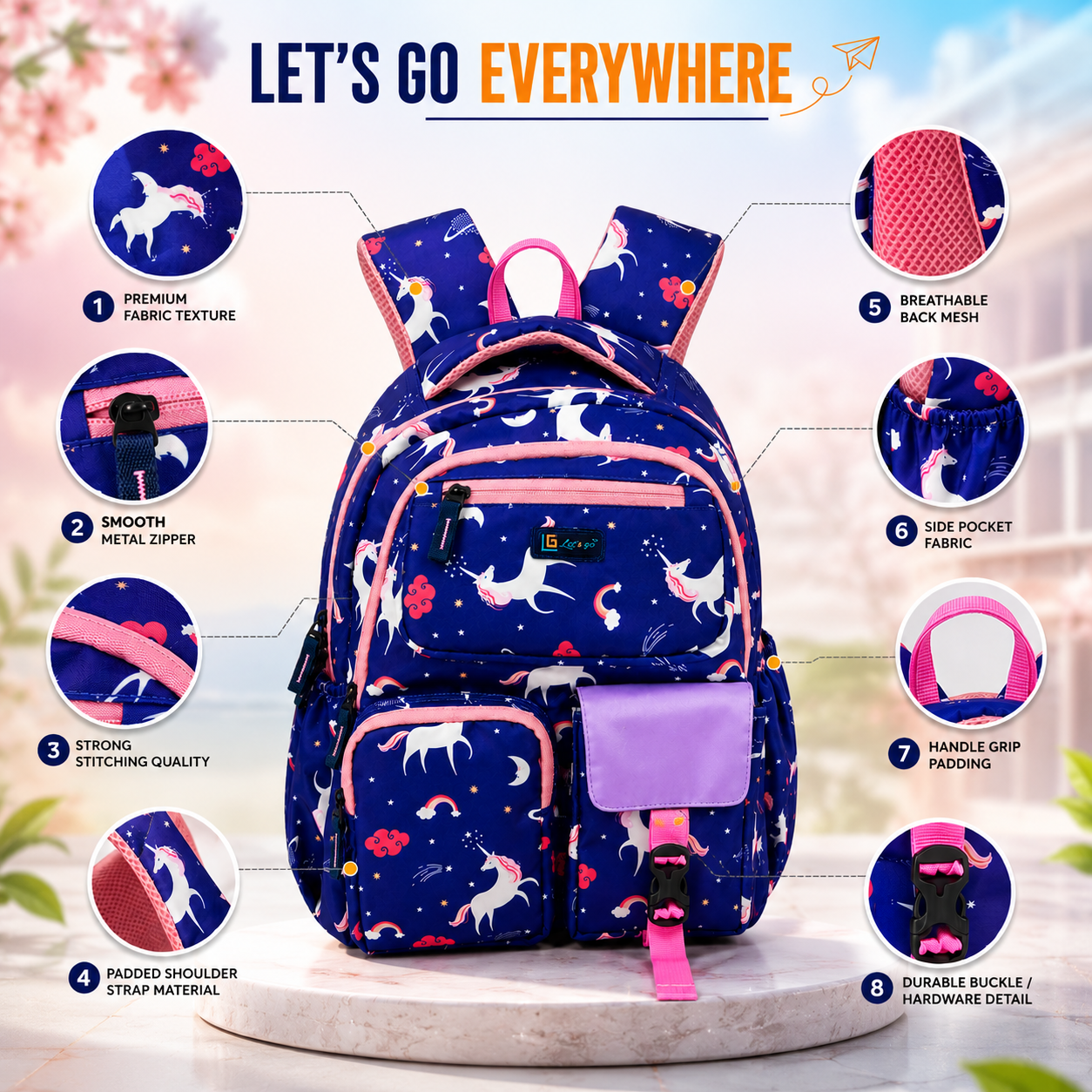 Let’s Go Floral Printed Backpack for Girls | School, College & Travel Bag