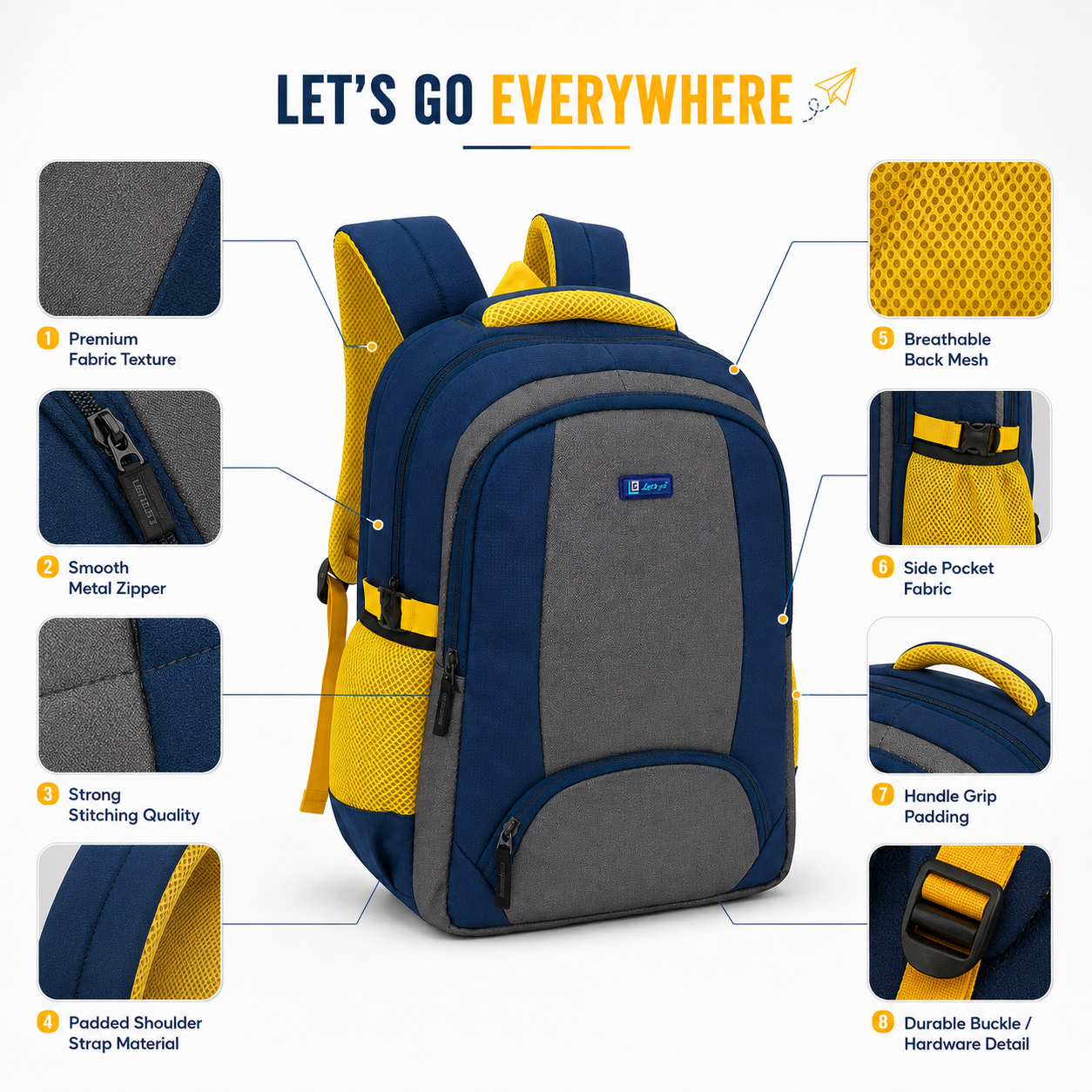 Let’s Go Stylish Laptop Backpack for Men & Women | School, College, Office & Travel Bag | Lightweight Casual Backpack with Spacious Compartments