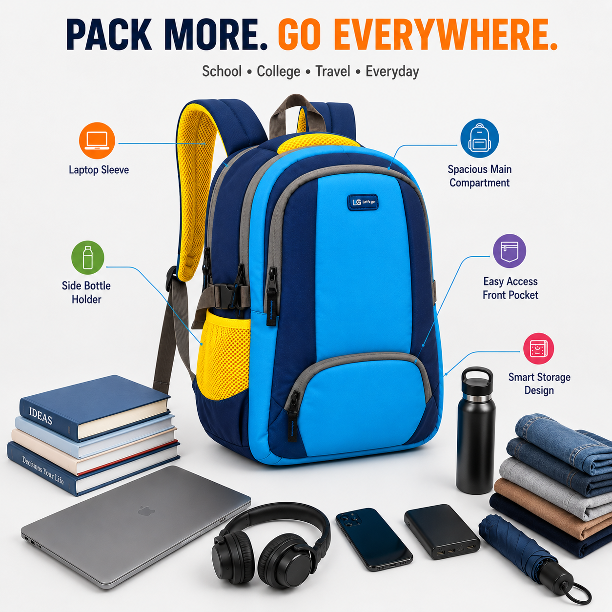 Let’s Go Stylish Laptop Backpack for Men & Women | School, College, Office & Travel Bag | Lightweight Casual Backpack with Spacious Compartments