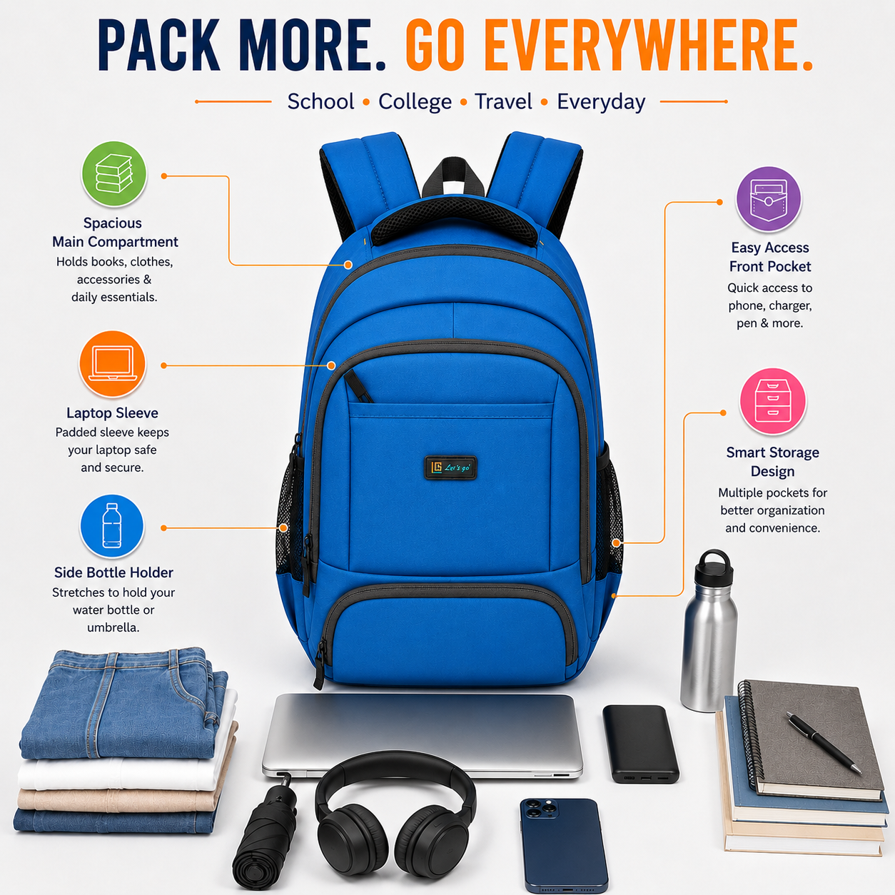 Let's Go® 32L Premium Laptop Backpack for Men & Women |Travel Backpack | Office, College, School & Daily Use | Fits Up to 15.6 Inch Laptop | Lightweight Blue Backpack