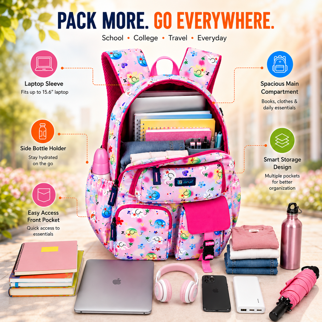 Let’s Go Floral Printed Backpack for Girls | School, College & Travel Bag