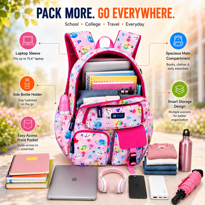 Let’s Go Floral Printed Backpack for Girls | School, College & Travel Bag