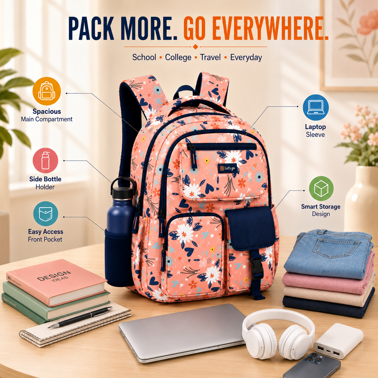 Let’s Go Floral Printed Backpack for Girls | School, College & Travel Bag