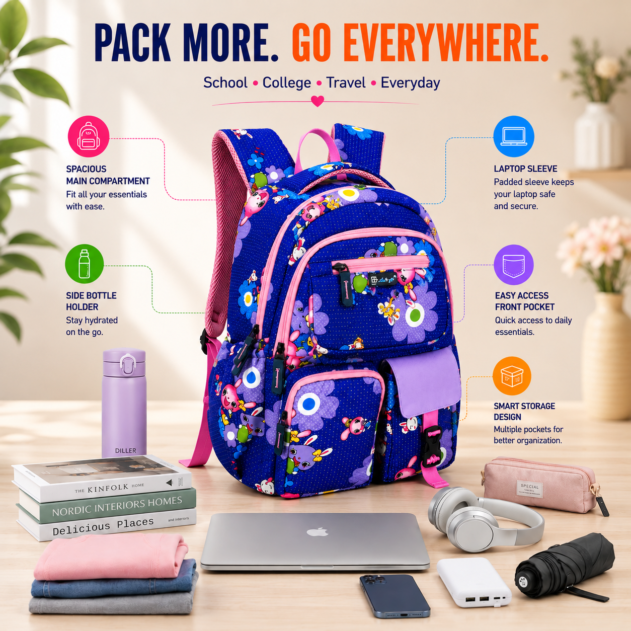 Let’s Go Floral Printed Backpack for Girls | School, College & Travel Bag