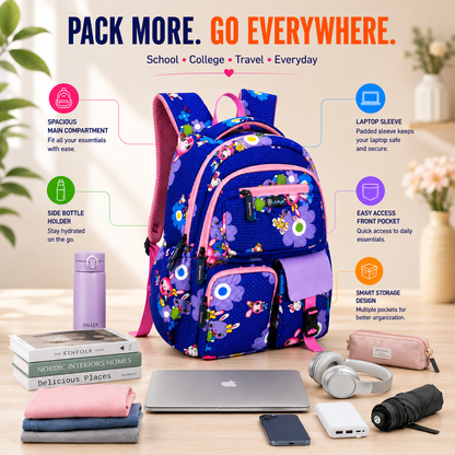 Let’s Go Floral Printed Backpack for Girls | School, College & Travel Bag
