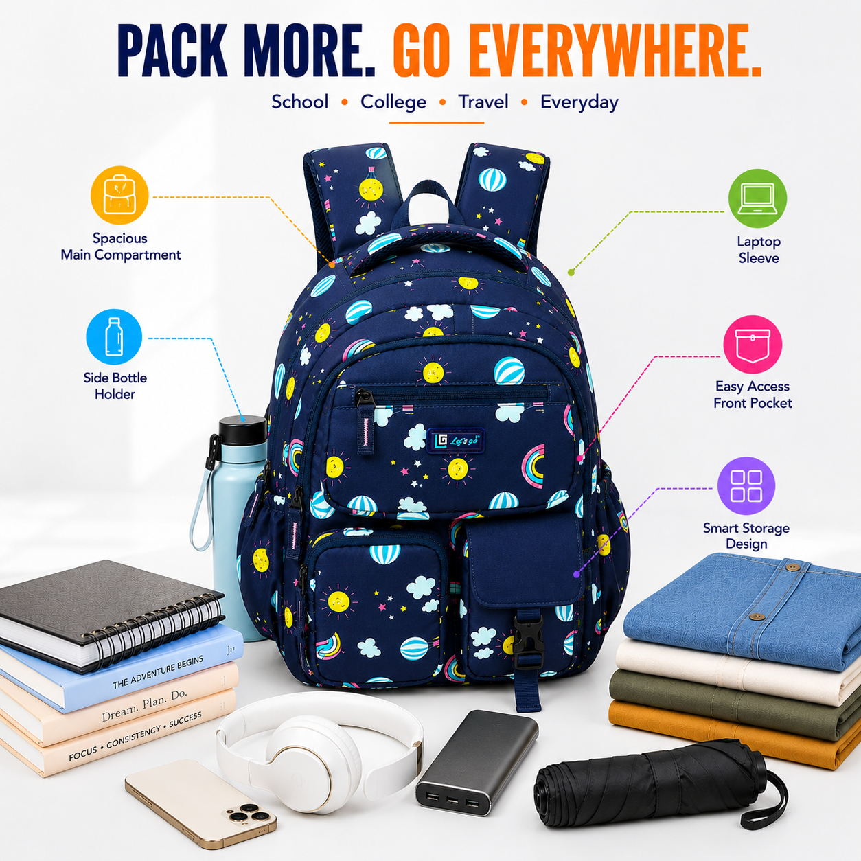 Let’s Go Floral Printed Backpack for Girls | School, College & Travel Bag