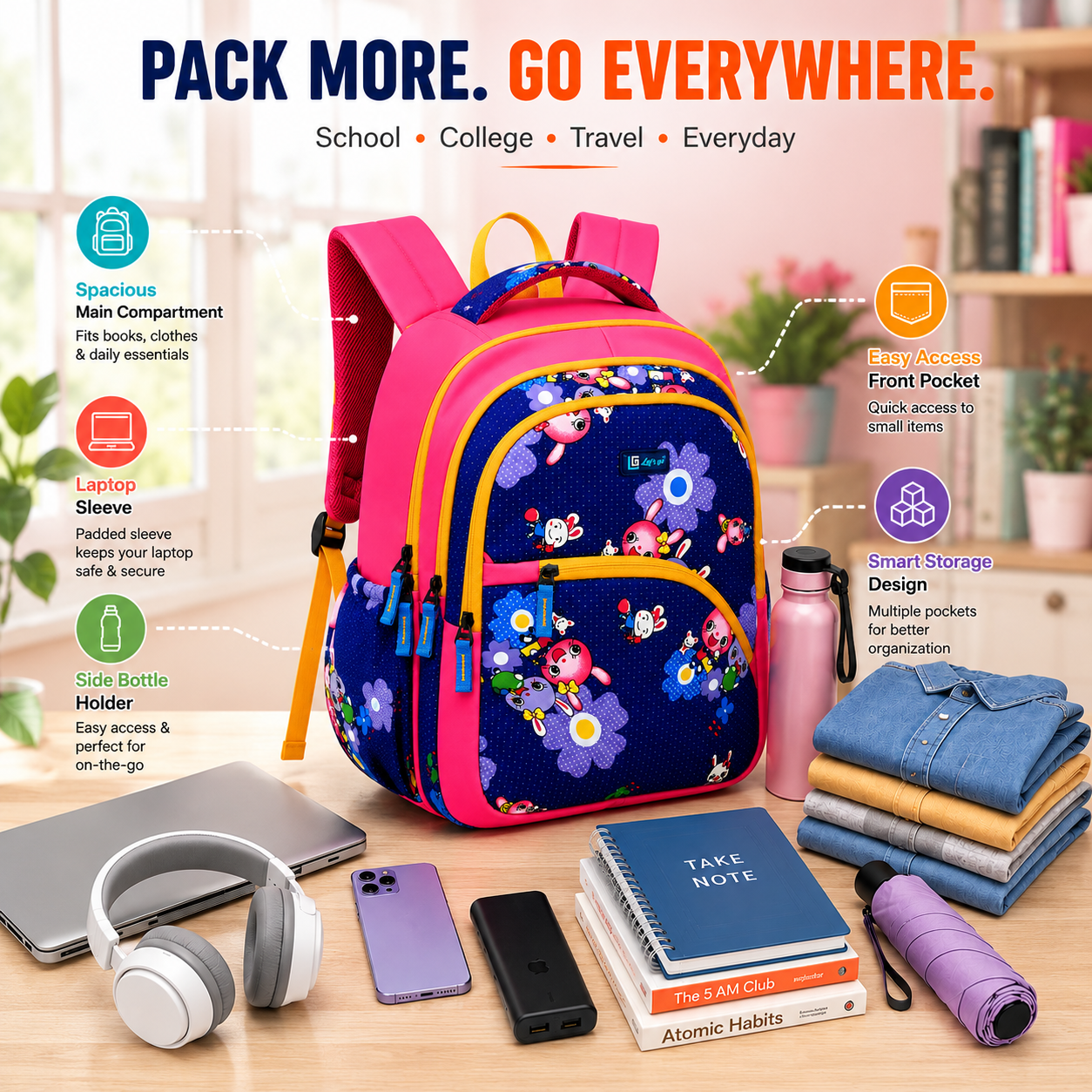 Let’s Go Stylish Printed Backpack for Girls | School, College, Travel & Daily Use Lightweight Backpack