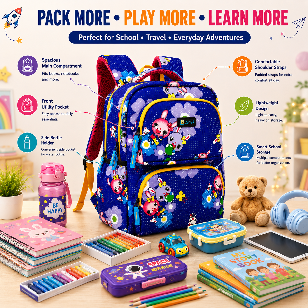Let’s Go Floral Kids School Backpack for Girls & Boys | Lightweight 18L Backpack for School, Travel & Everyday Use