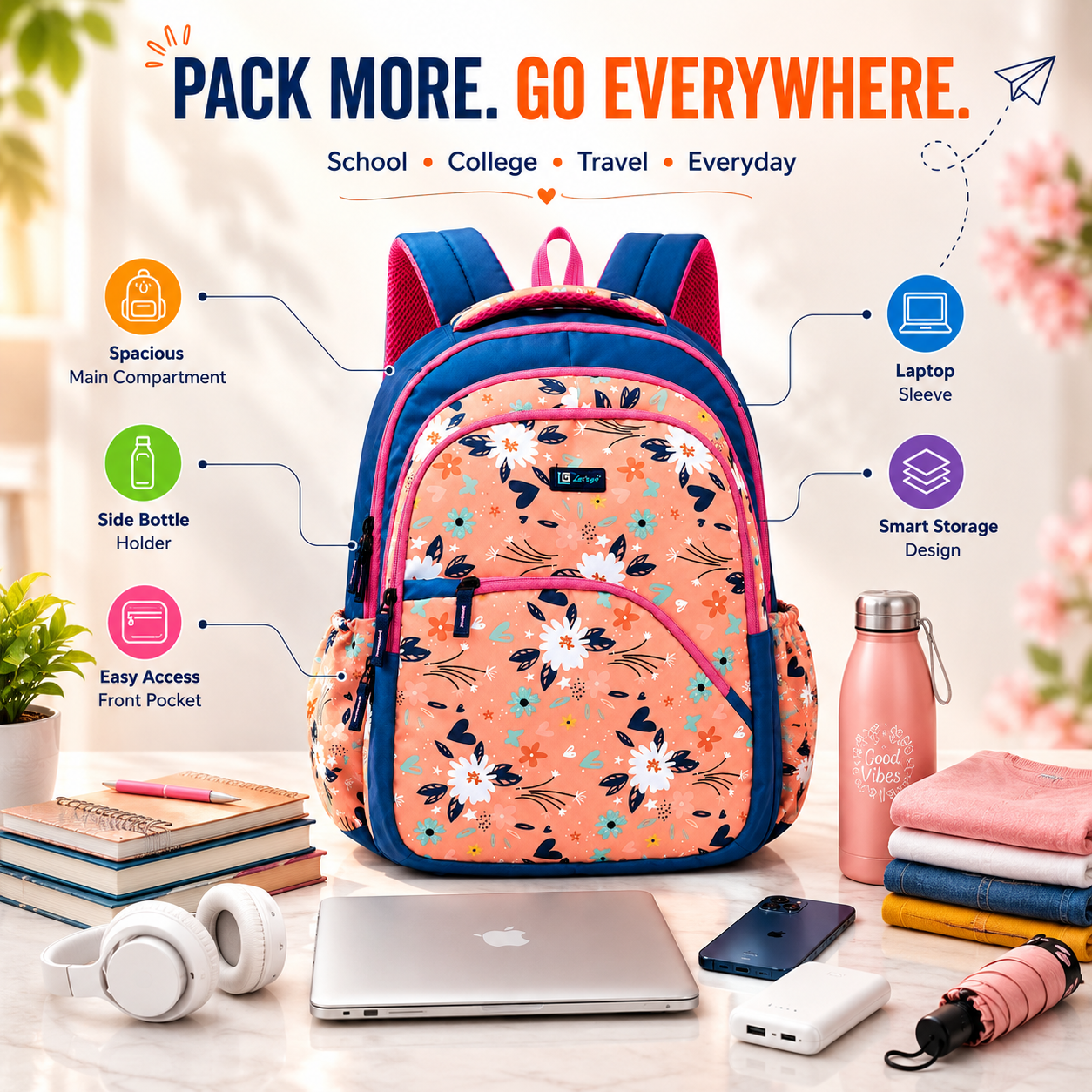 Let’s Go Stylish Printed Backpack for Girls | School, College, Travel & Daily Use Lightweight Backpack