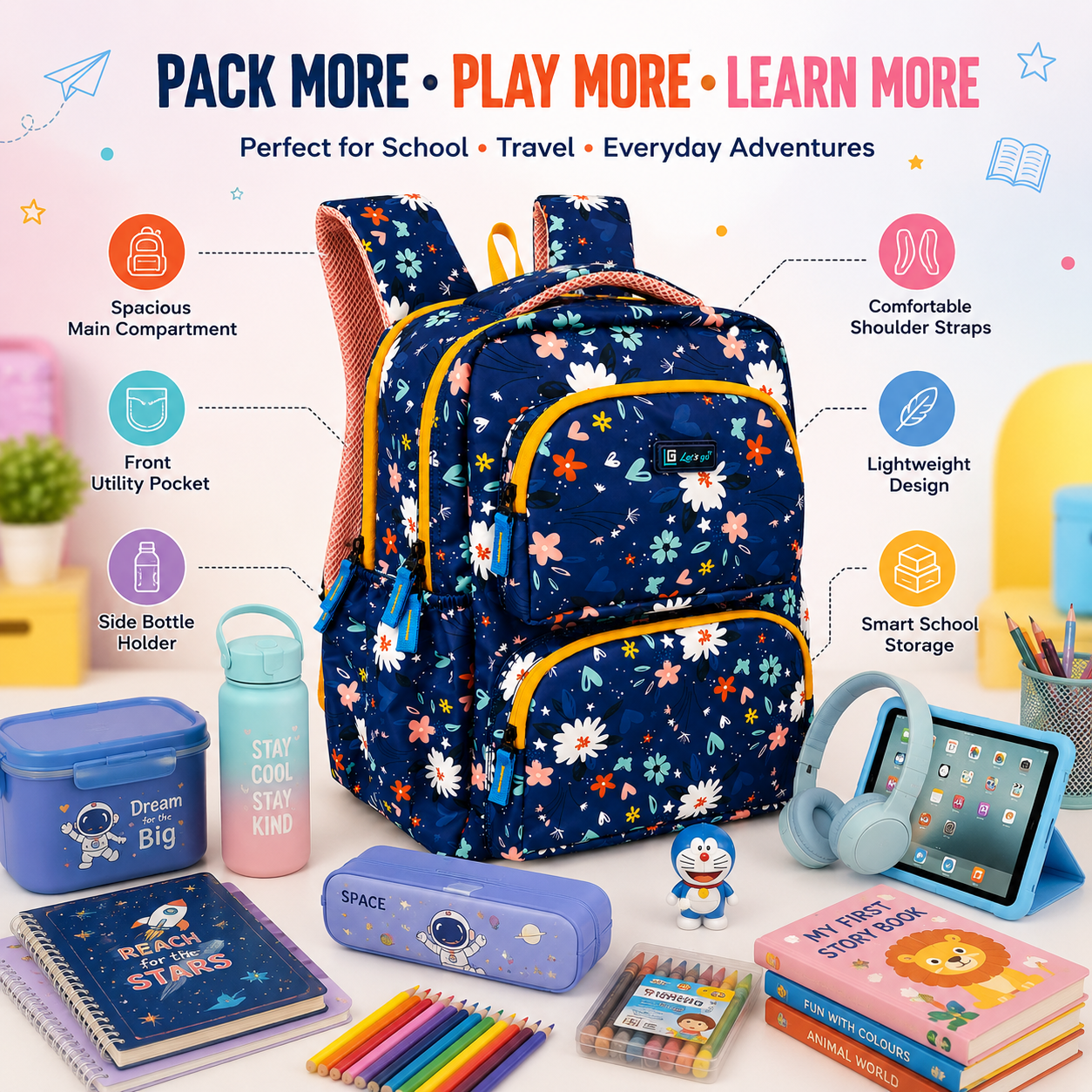 Let’s Go Floral Kids School Backpack for Girls & Boys | Lightweight 18L Backpack for School, Travel & Everyday Use