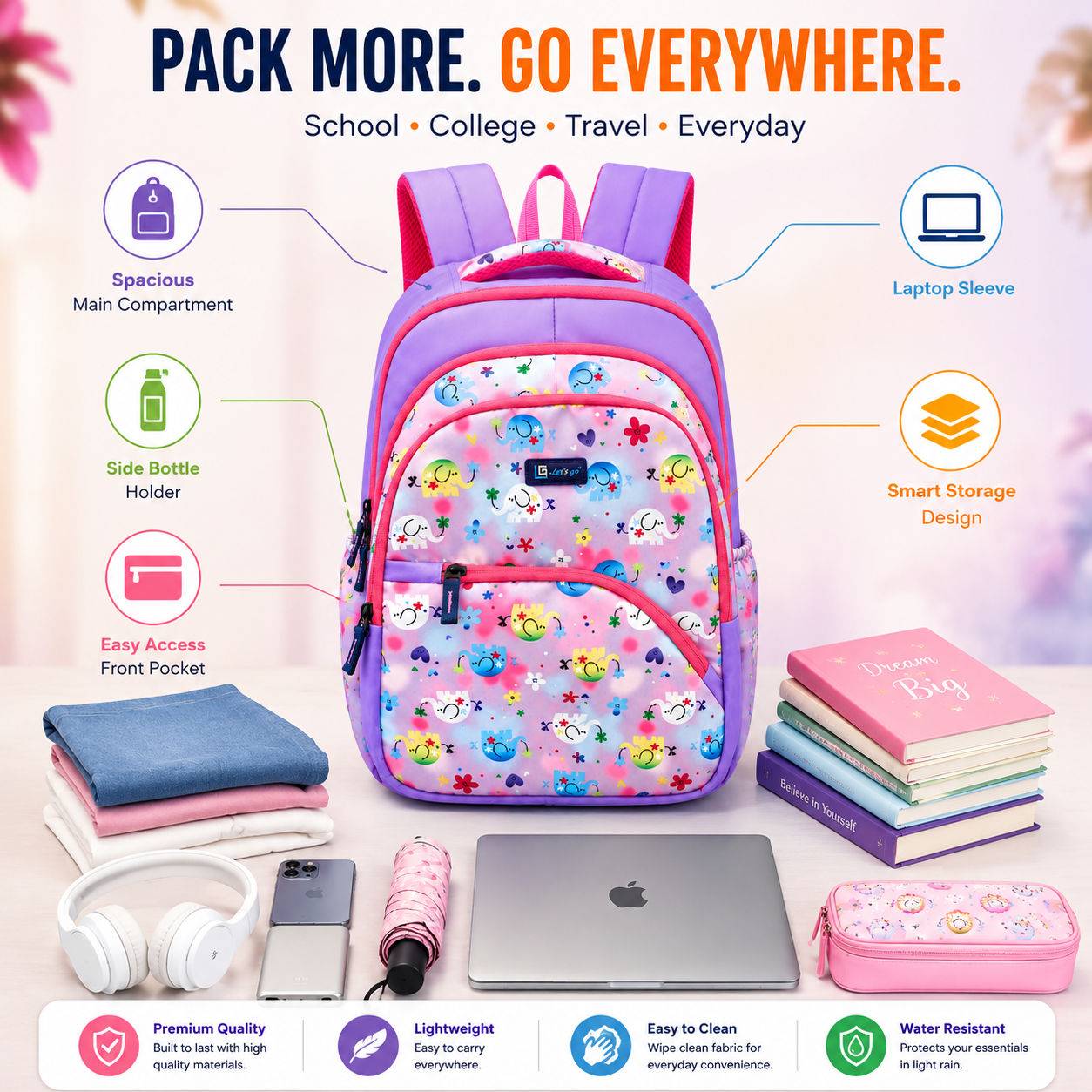 Let’s Go Stylish Printed Backpack for Girls | School, College, Travel & Daily Use Lightweight Backpack