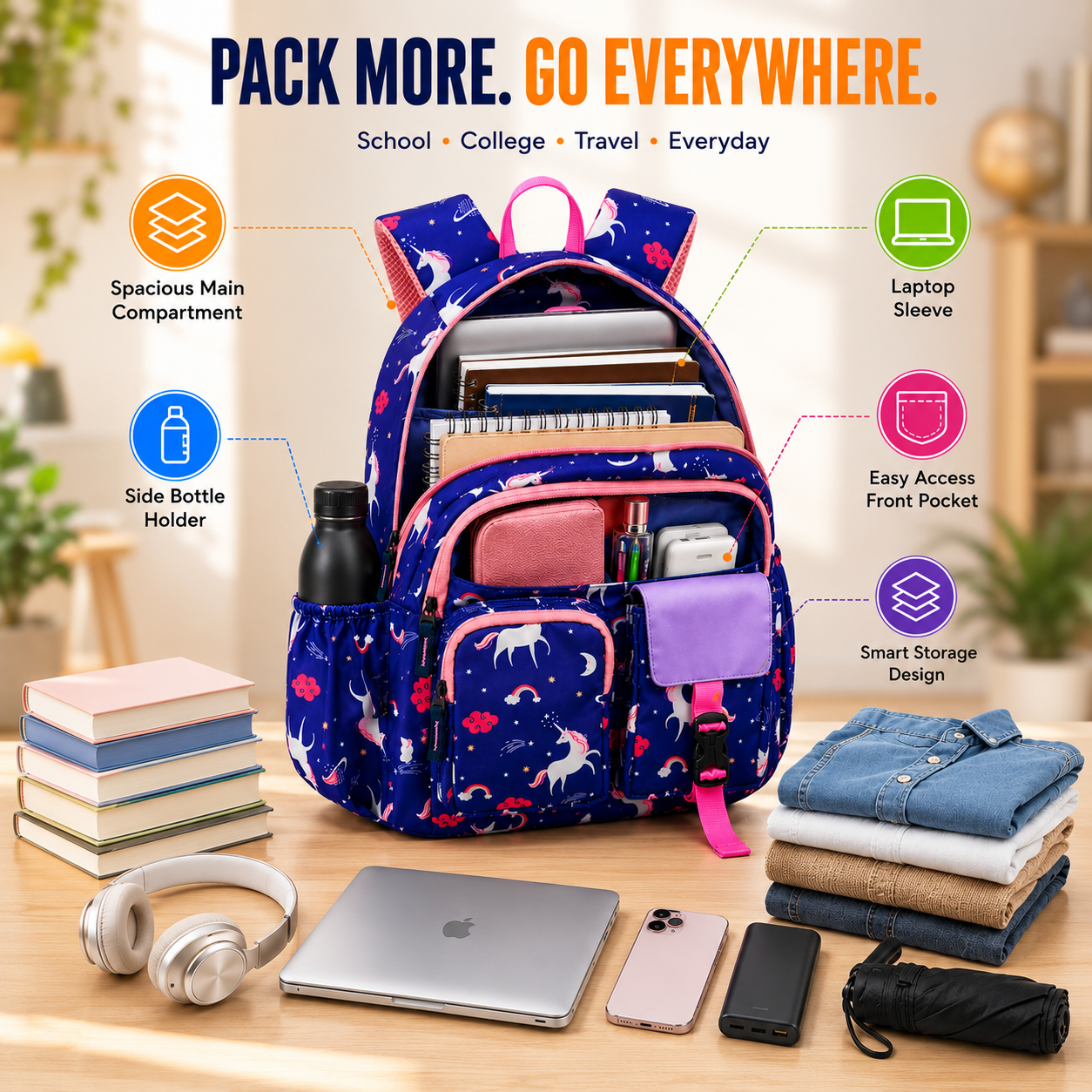 Let’s Go Floral Printed Backpack for Girls | School, College & Travel Bag